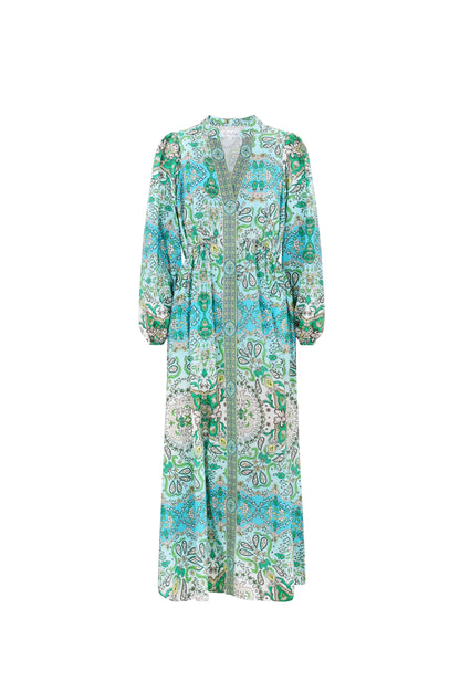 Long floral dress with green and blue pattern on a white background