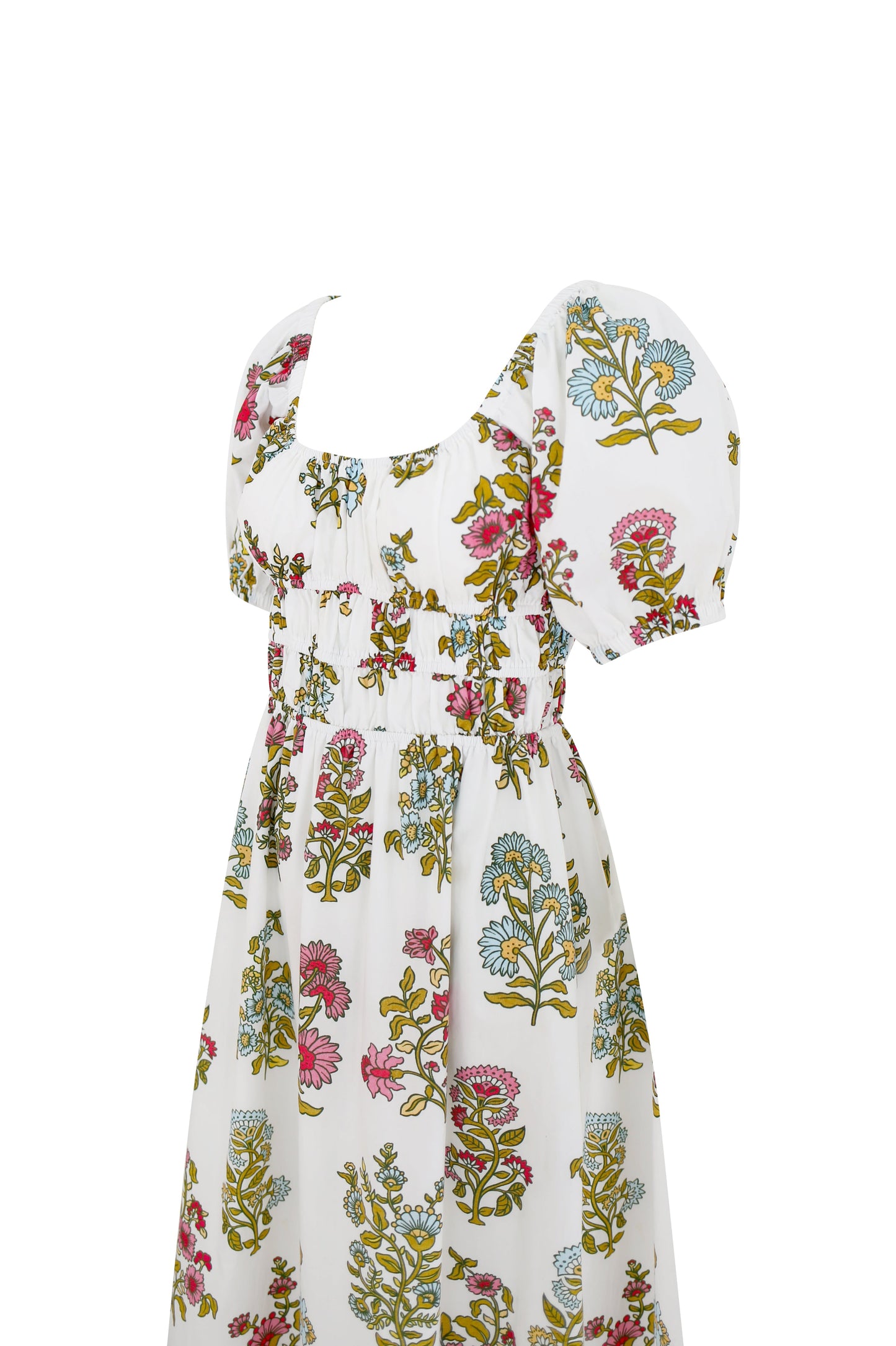 Floral dress with a matching headscarf on a white background