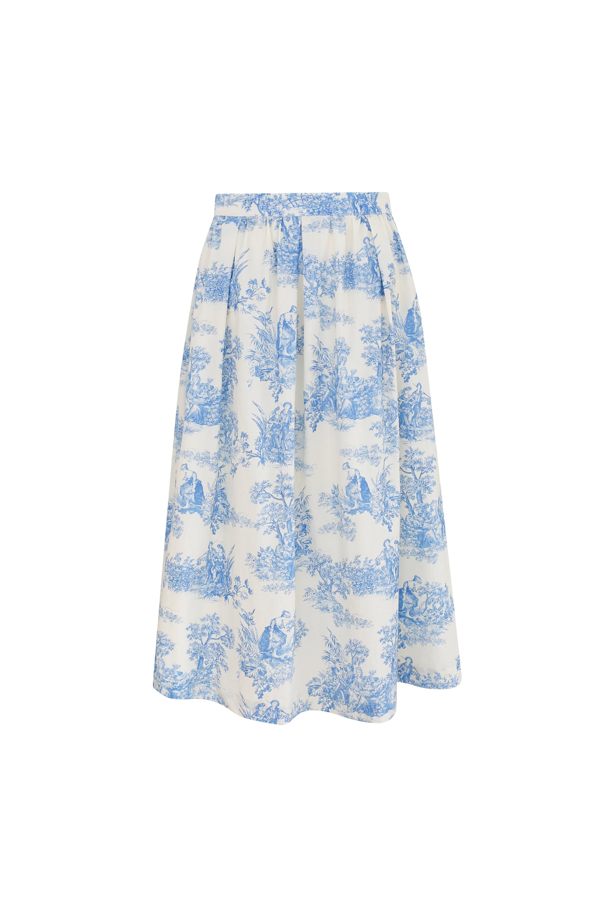 Blue and white floral patterned skirt on a white background